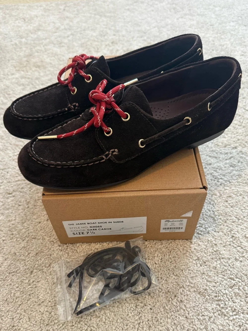 Madewell EUC Womens 7.5 Dark Brown Suede Jamie Boat Shoes with Red Laces